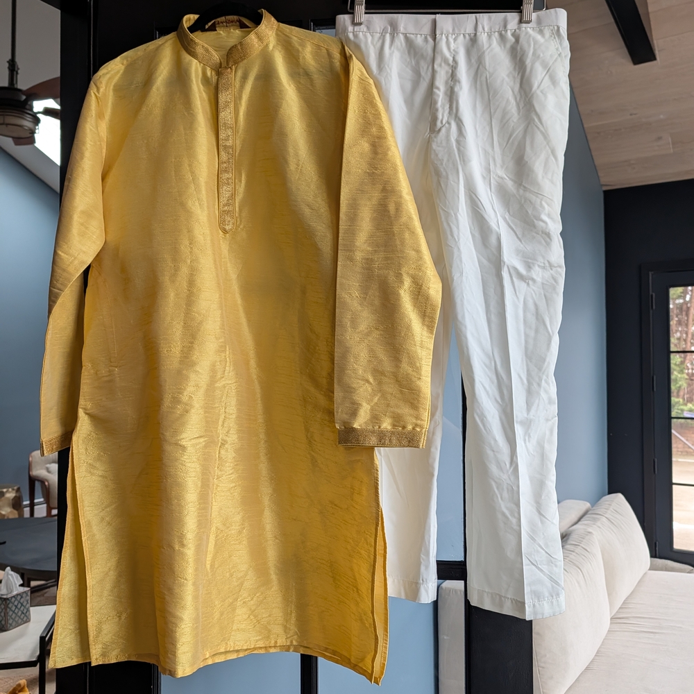 Yellow Kurta and White Pants Set